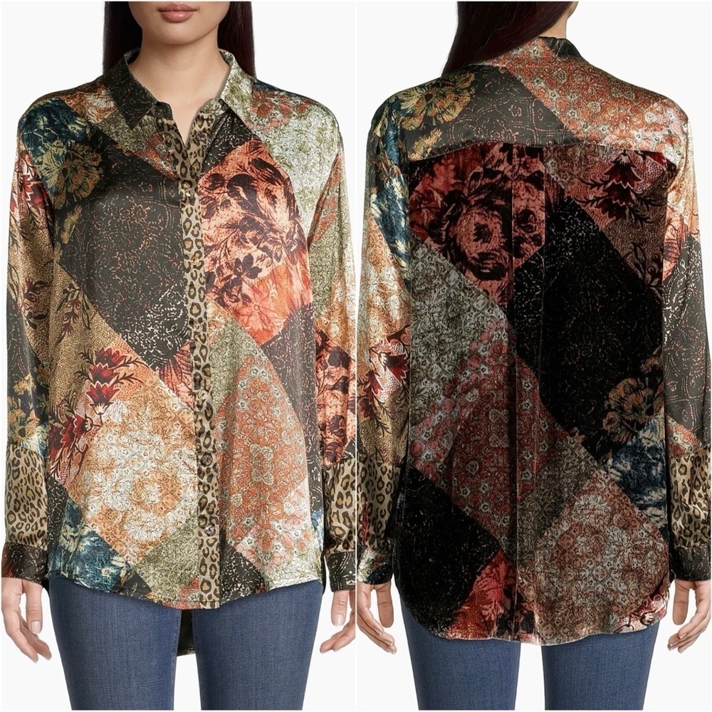 Johnny Was Workshop Top Mabel Printed Silk Button-Up Velvet Back Long Sleeve M